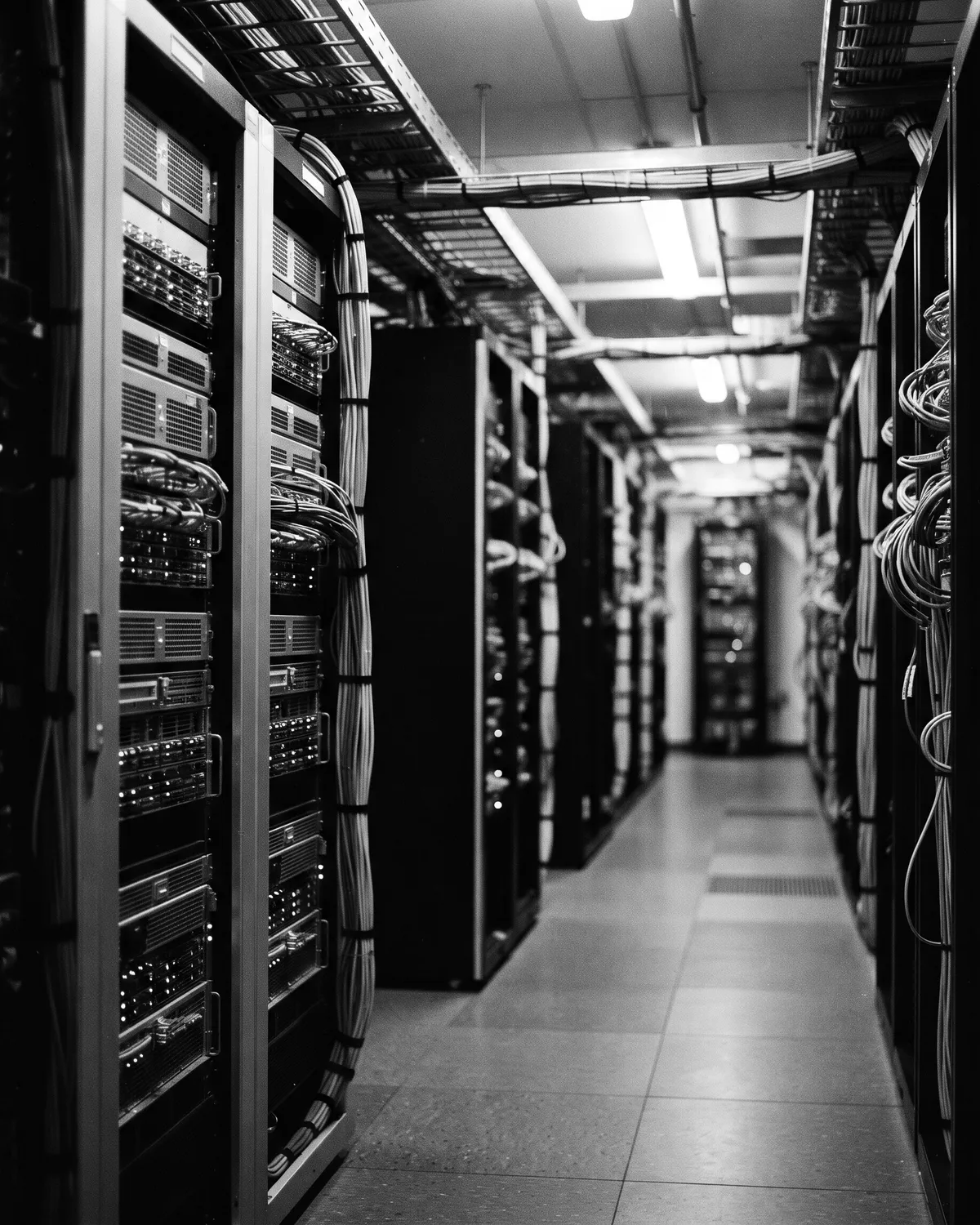 Infraestructura profesional para tu sitio Pasillo de una sala de servidores con racks a ambos lados y cables ordenados